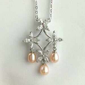 New Sterling Silver CZ freshwater pearl chandelier pendant  necklace